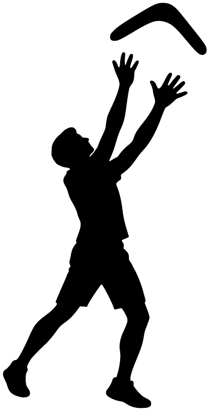 Black boomerang catch vinyl decal silhouette of a person reaching to catch a boomerang