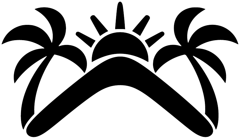 Palm sunset vinyl decal graphic with black boomerang wave, sunburst, and palm silhouettes
