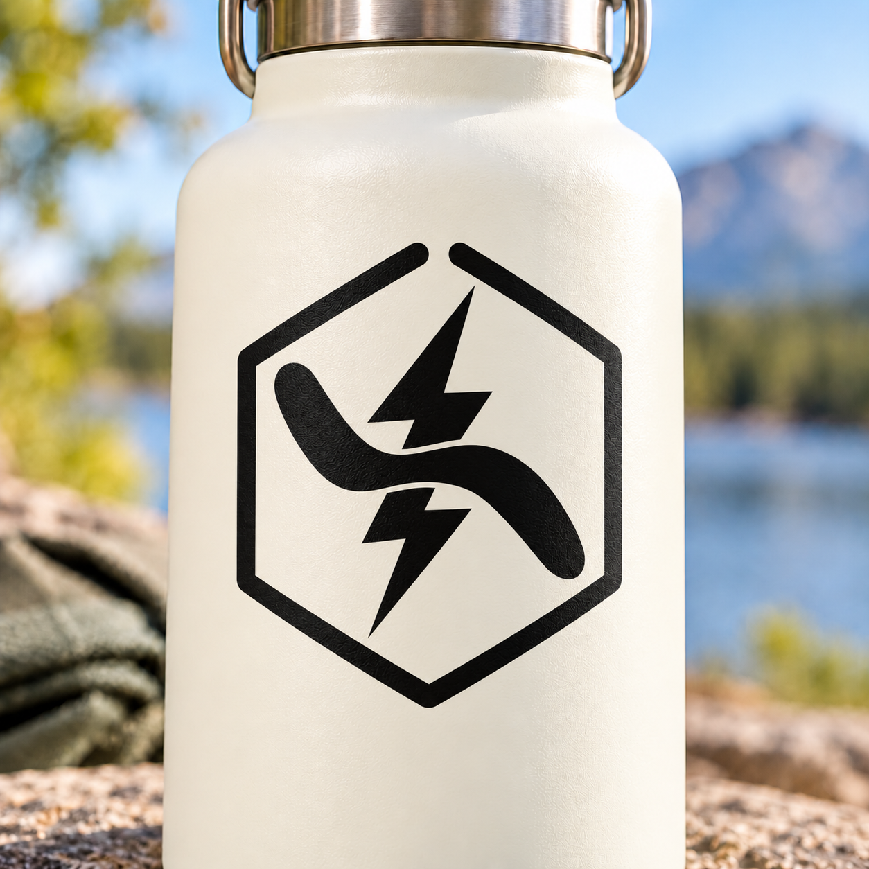 Lightning badge vinyl decal: black hex border with boomerang lightning icon