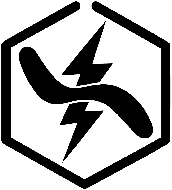 Lightning badge vinyl decal close-up: black hex outline with lightning boomerang mark