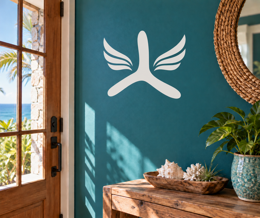 White boomerang wing emblem vinyl decal, stylized wings with a central body shape