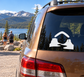 White boomerang return vinyl decal for car rear window with terrain and swoosh
