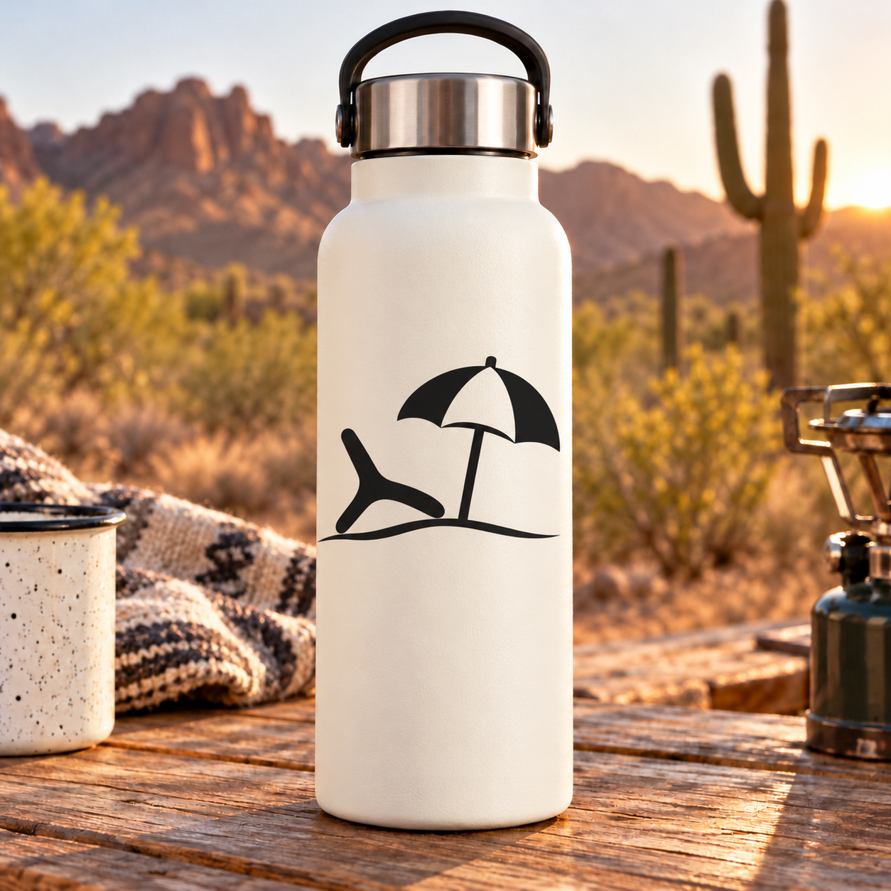 Beach day vinyl decal graphic: black umbrella over sand with starfish