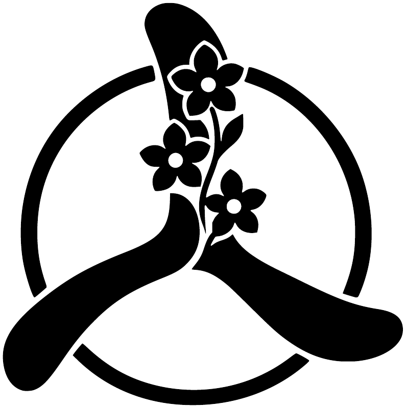 Black and white circle vinyl decal with boomerang shape and three flowers