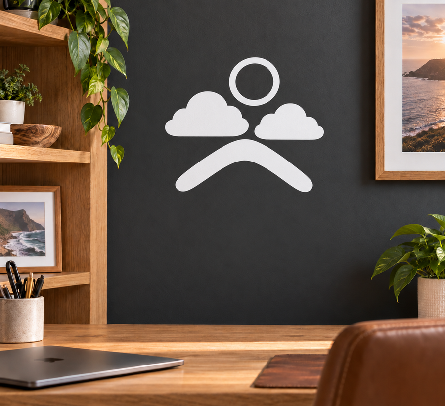Cloud and boomerang flight vinyl decal, white clouds and curved boomerang with ring