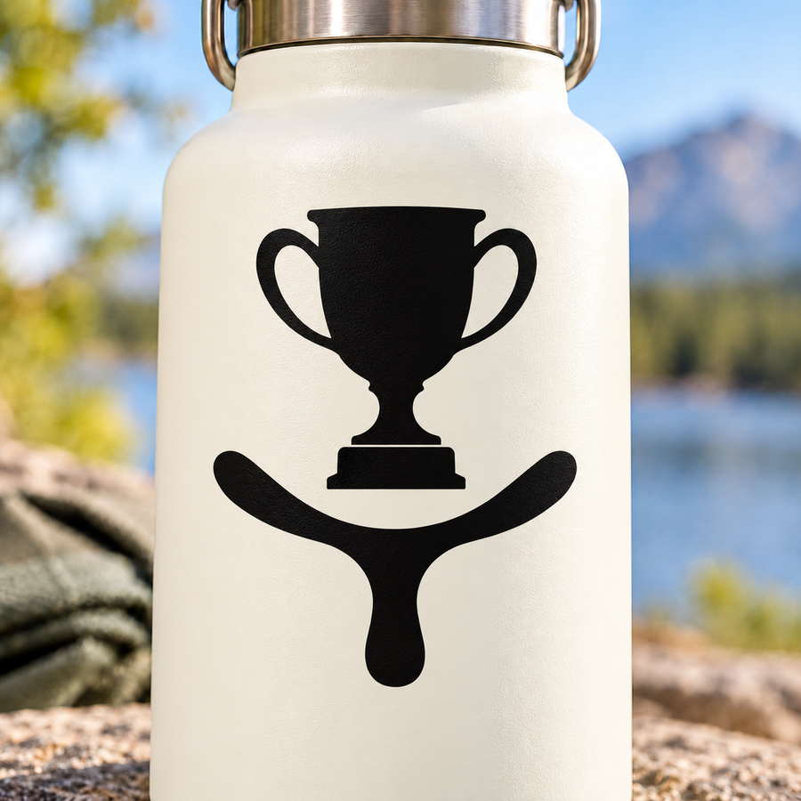 Black trophy crest vinyl decal with cup and curved base