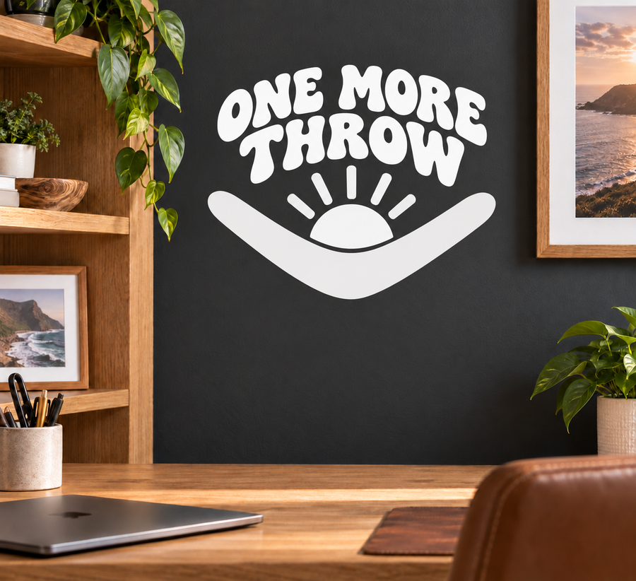 Vinyl wall decal: "One More Throw" text with wave icon, white on dark surface