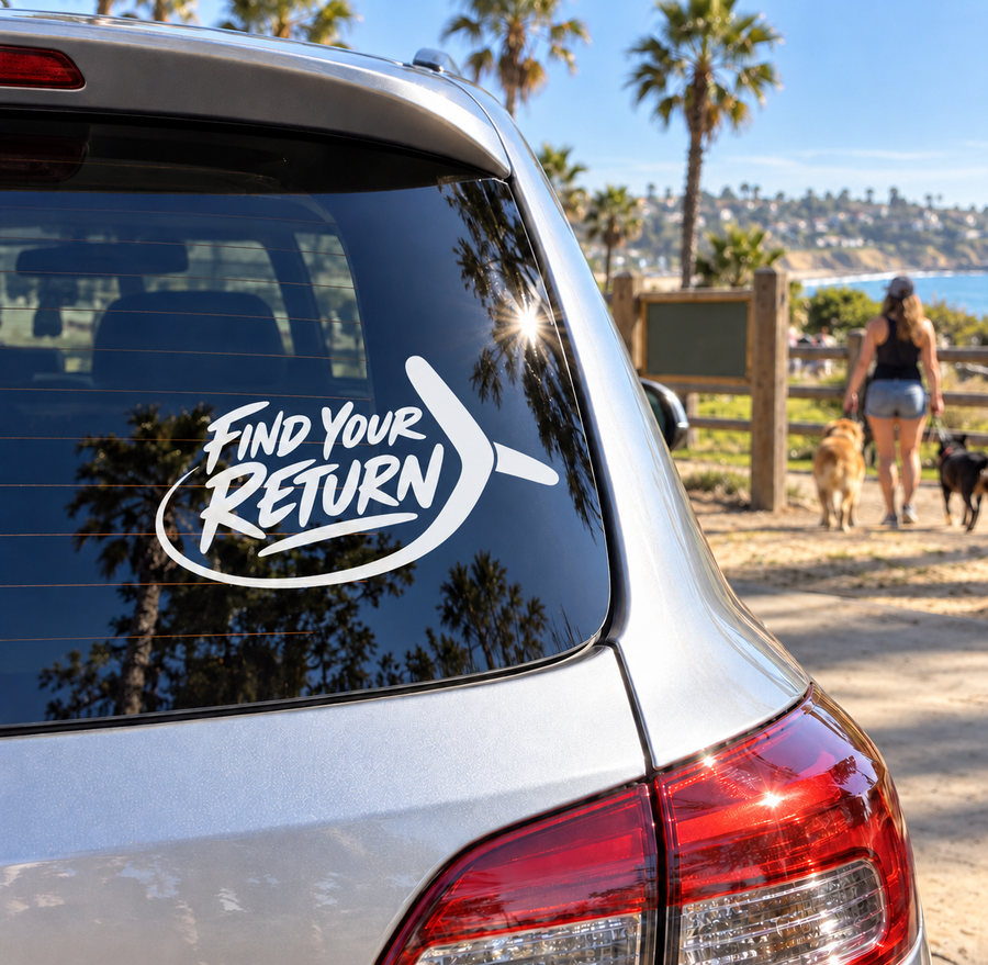 White “Find Your Return” vinyl decal with swoosh on car rear window