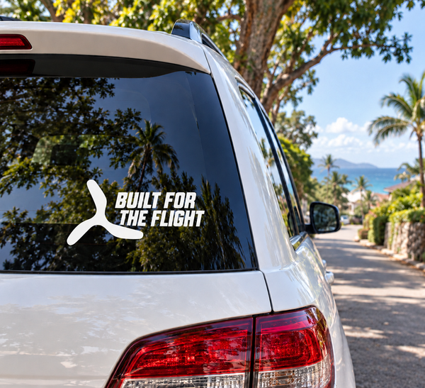 Black boomerang-shaped vinyl decal with "BUILT FOR THE FLIGHT" text