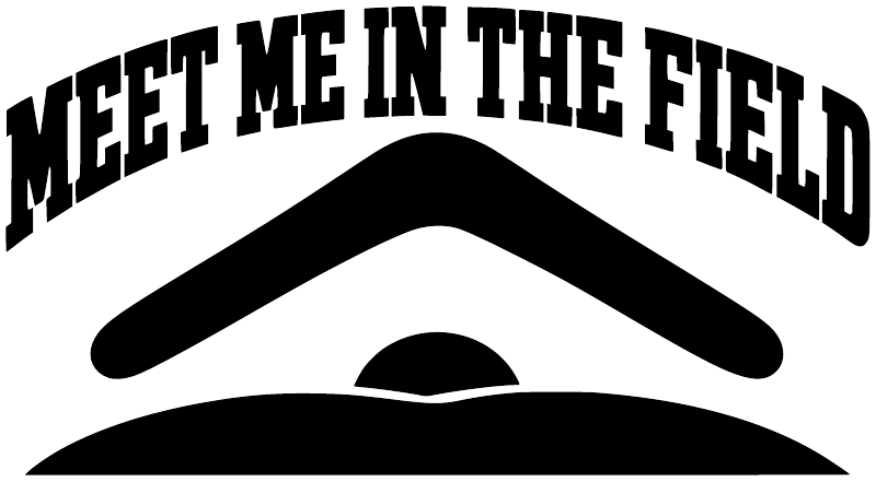 Meet Me in the Field vinyl decal, black arched text with mountain field icon