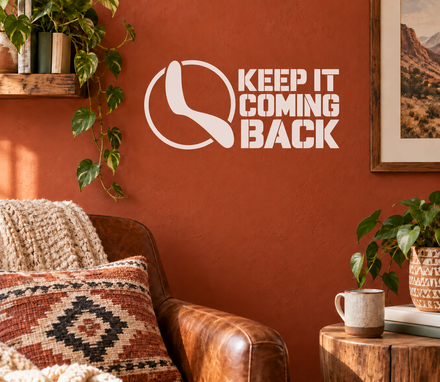 Vinyl wall decal with boomerang icon and KEEP IT COMING BACK text