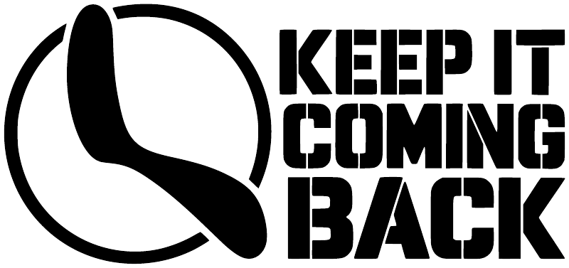 Vinyl decal with boomerang icon and KEEP IT COMING BACK lettering
