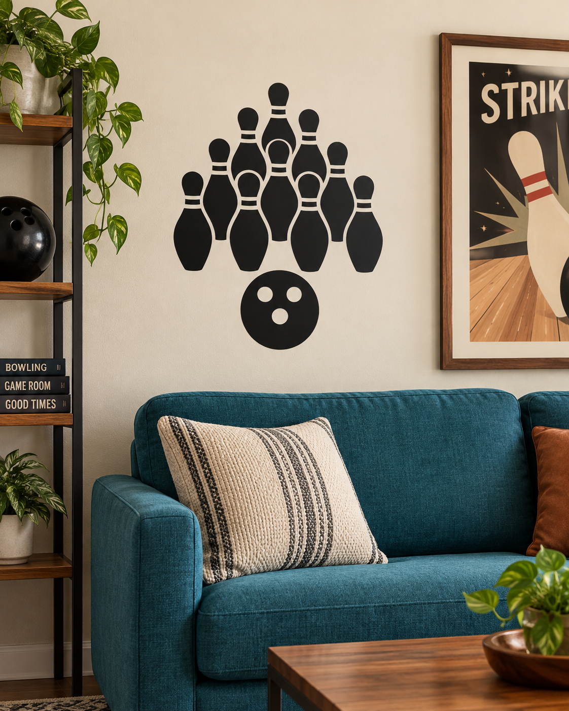 Bowling vinyl wall decal with black pin silhouettes and bowling ball graphic