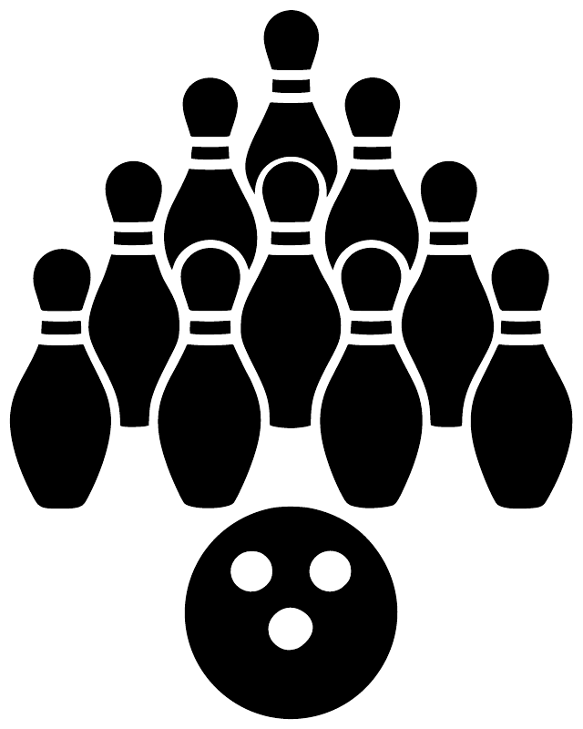 Bowling vinyl decal close-up: black pins with bowling ball and white stripe details