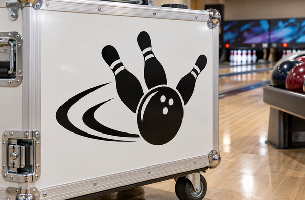 Bowling vinyl decal with black bowling pin and ball graphic on white background