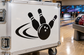 Bowling vinyl decal with black bowling pin and ball graphic on white background