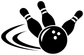 Bowling ball and three bowling pin vinyl decal graphic, black on white