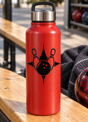 Red water bottle with black bowling star vinyl decal featuring a bowling ball icon
