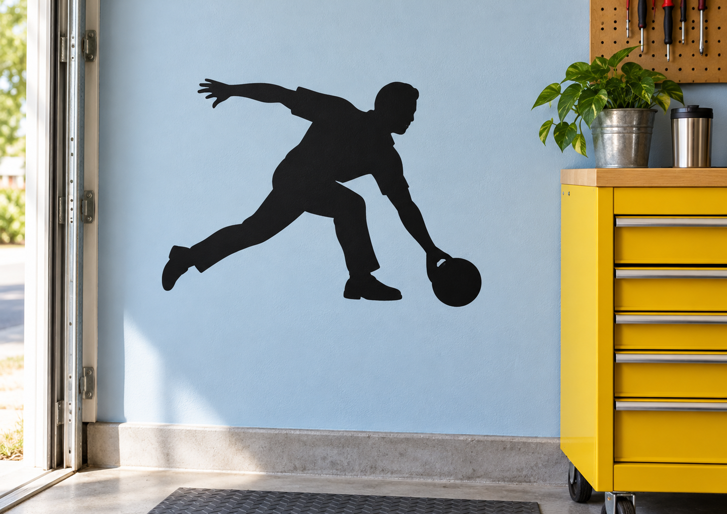 Bowler vinyl decal silhouette, black bowling player mid-swing