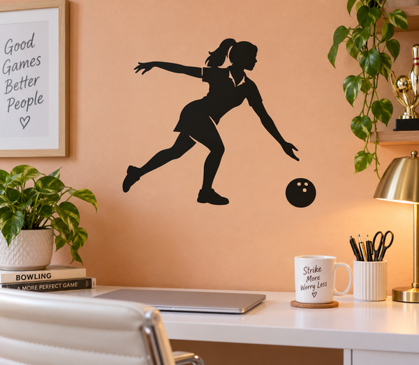 Bowling woman vinyl wall decal silhouette with bowling ball and pin