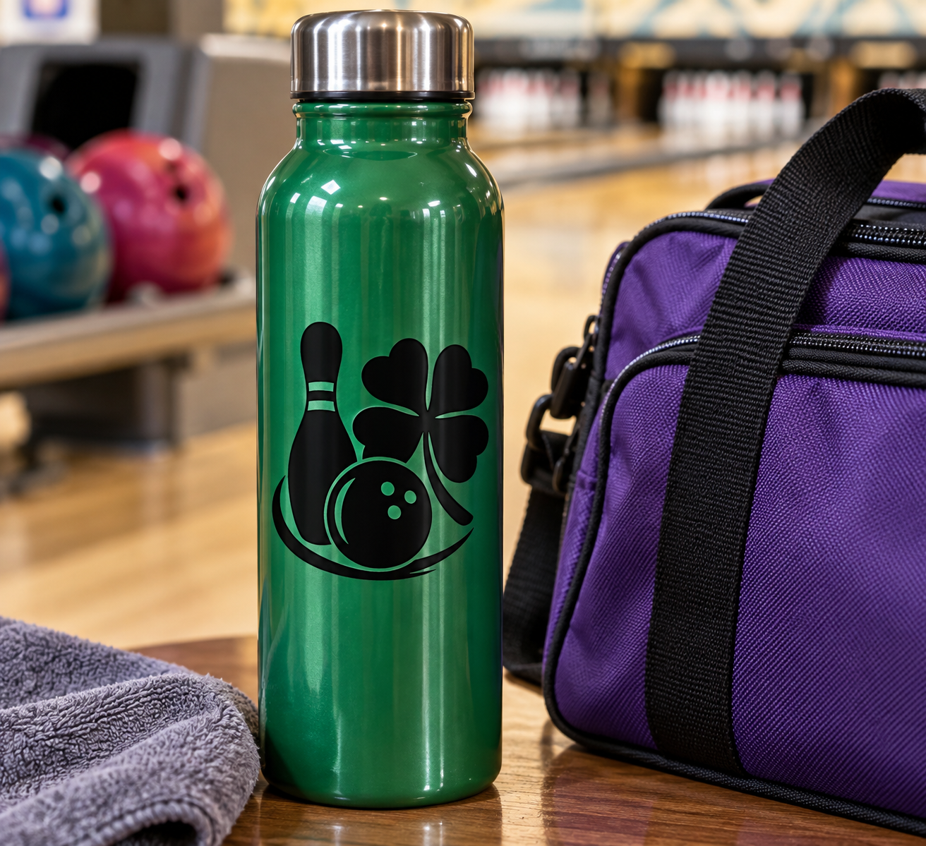 Green bottle with black bowling pin and clover vinyl decal illustration