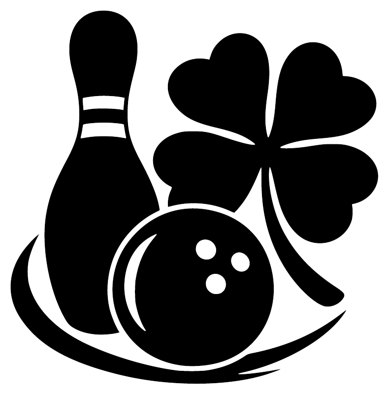 Black bowling pin, ball, and four-leaf clover vinyl decal graphic on white