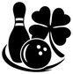 Black bowling pin, ball, and four-leaf clover vinyl decal graphic on white