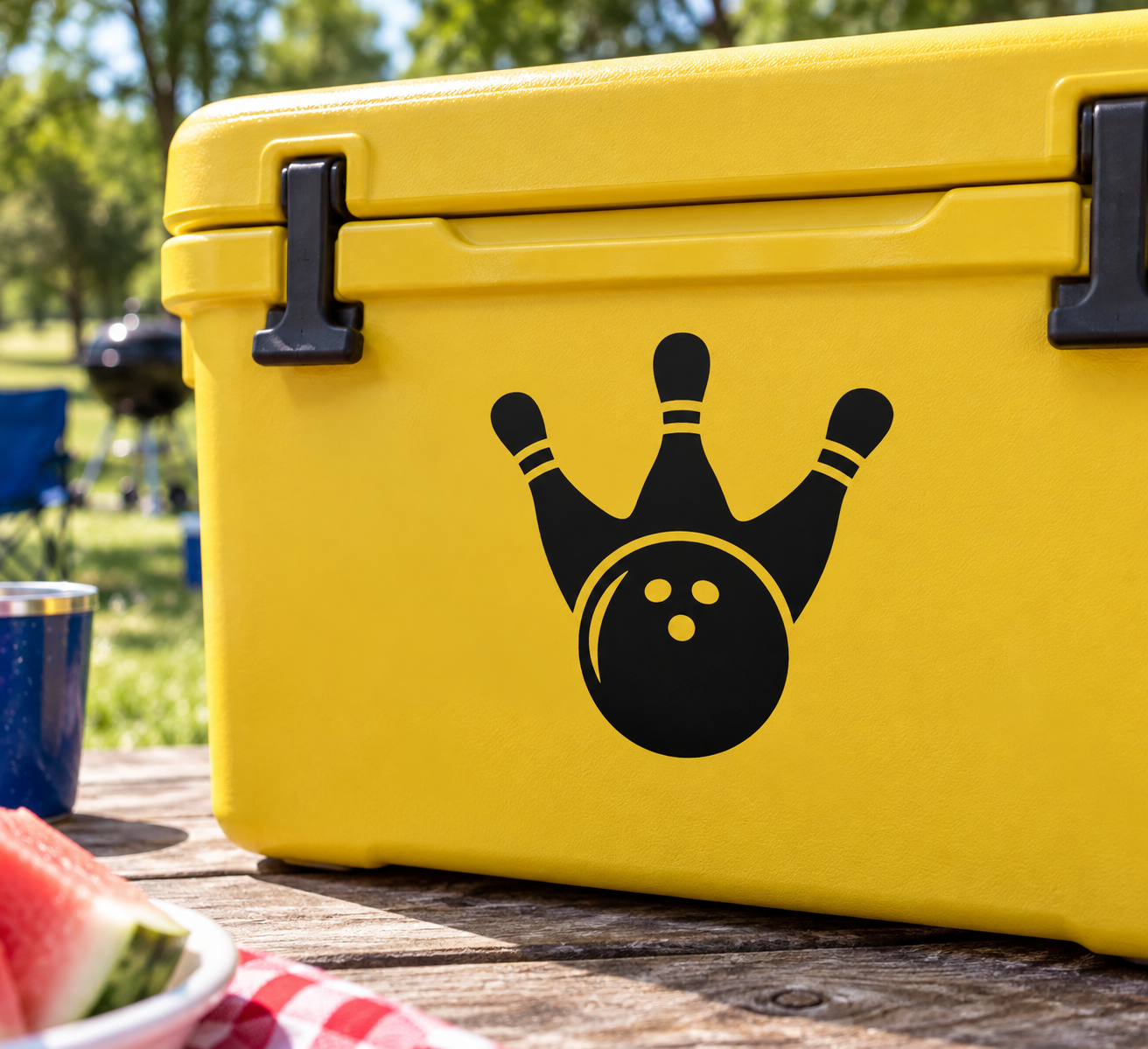 Vinyl decal with black bowling pin crown and ball graphic on yellow surface