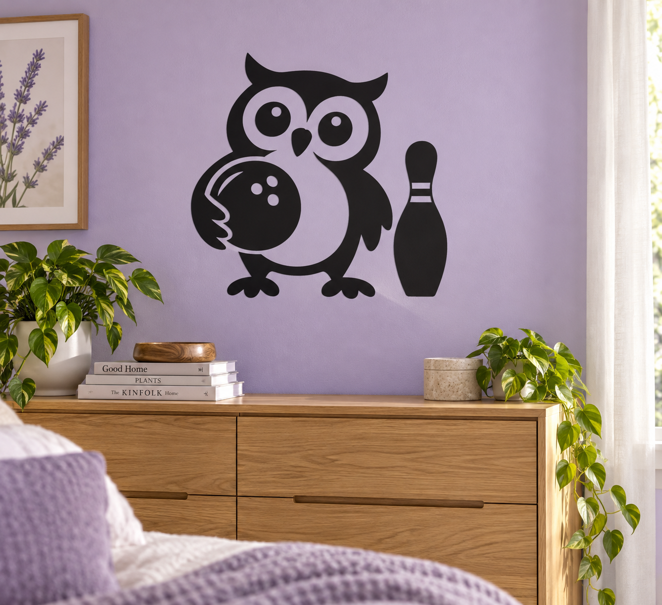 Bowling owl vinyl decal sticker with black-and-white owl holding a bowling ball