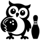 Black-and-white owl vinyl decal with big round eyes and bowling ball and pin