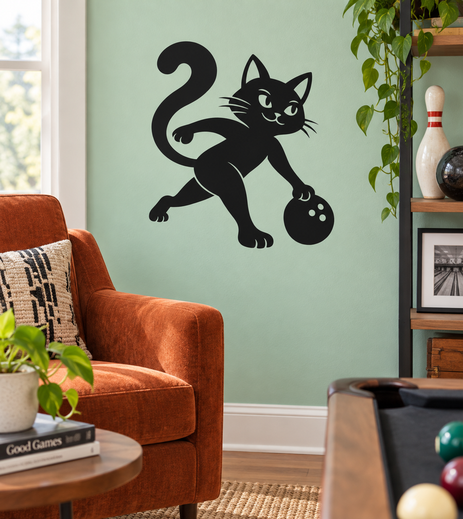 Alley cat vinyl decal: black cartoon cat holding a bowling ball, wall sticker