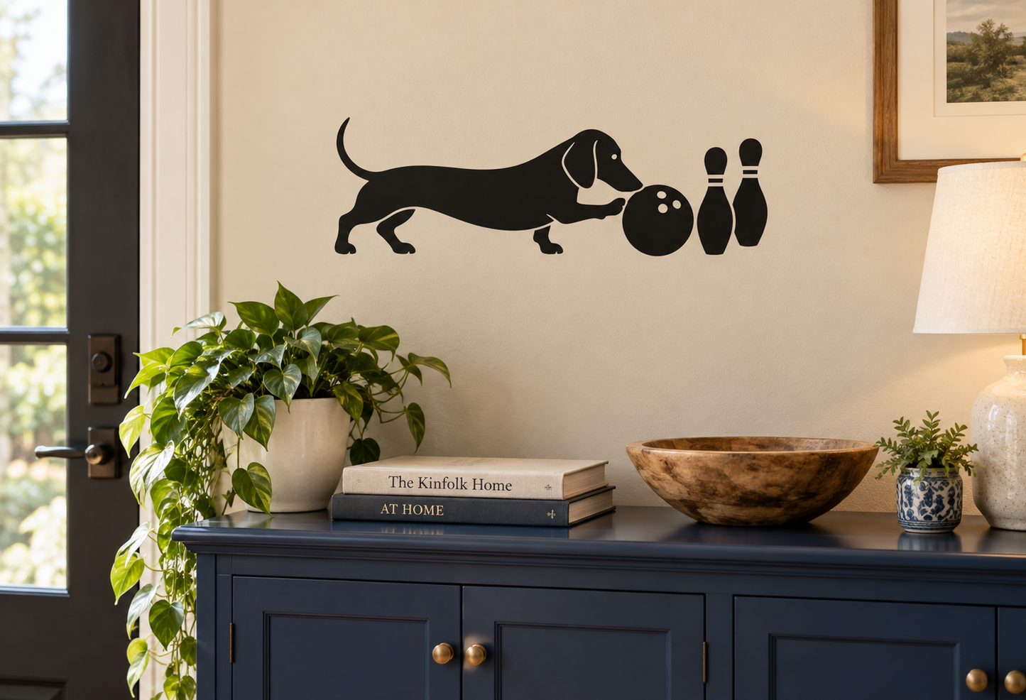Dachshund bowling vinyl decal with black dog and three bowling pin icons