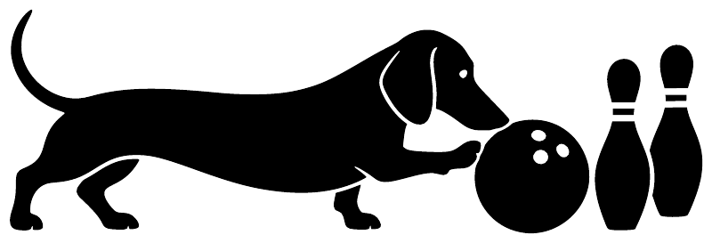 Dachshund bowling vinyl decal close-up: black dog silhouette with bowling pins