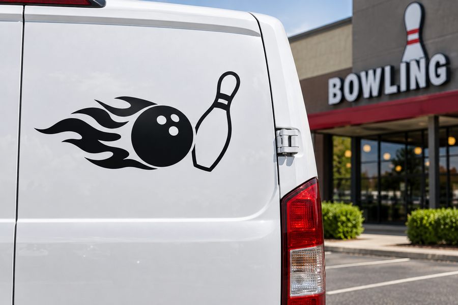 Bowling strike vinyl decal showing flaming bowling ball and pin on a white vehicle