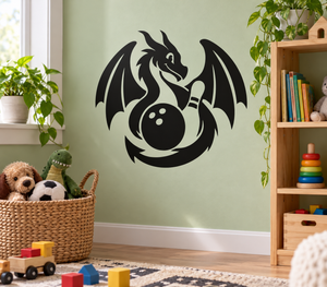 Bowling dragon vinyl decal: black winged dragon with bowling ball