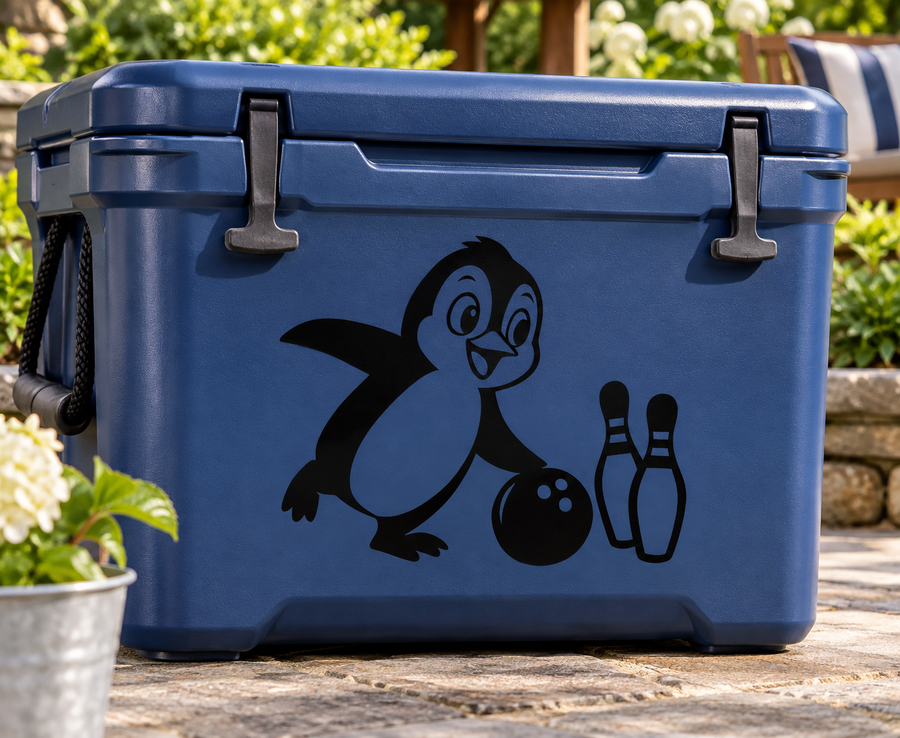 Bowling penguin vinyl decal: penguin with ball and standing bowling pins