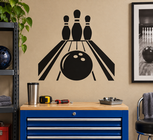 Bowling lane vinyl decal with black pins and bowling ball over striped lane