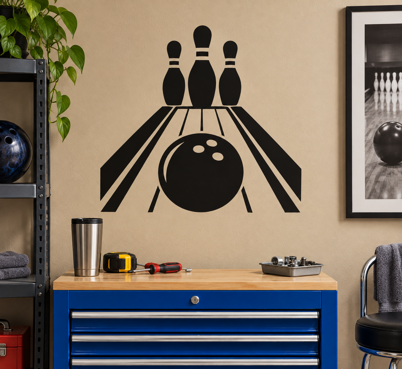Bowling lane vinyl decal with black pins and bowling ball over striped lane