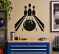 Bowling lane vinyl decal with black pins and bowling ball over striped lane