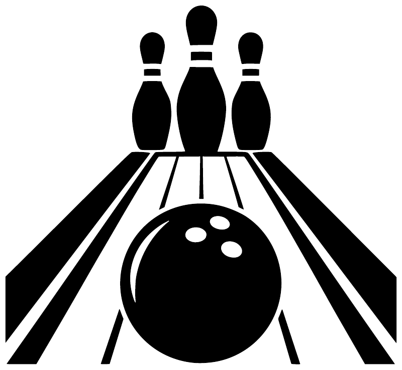 Bowling lane vinyl decal with three black pins, bowling ball, and stripe lines