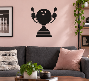 Black bowling trophy vinyl decal with bowling pins and three ball dots