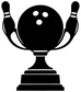Black bowling trophy vinyl decal with two side pins and three-ball top