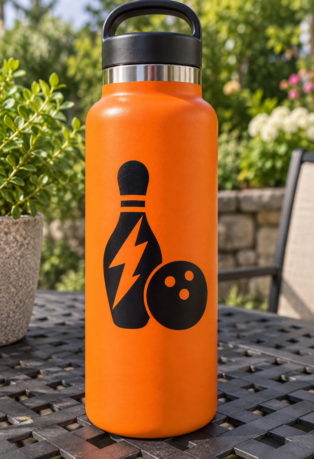 Orange tumbler with black bowling pin and bowling ball lightning vinyl decal