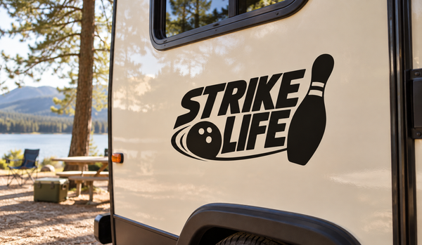 Vinyl Strike Life bowling decal with black logo and bowling pin graphic on white
