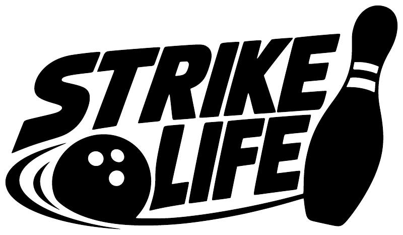 Vinyl decal close-up of black Strike Life logo with bowling pin silhouette on white