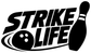 Vinyl decal close-up of black Strike Life logo with bowling pin silhouette on white