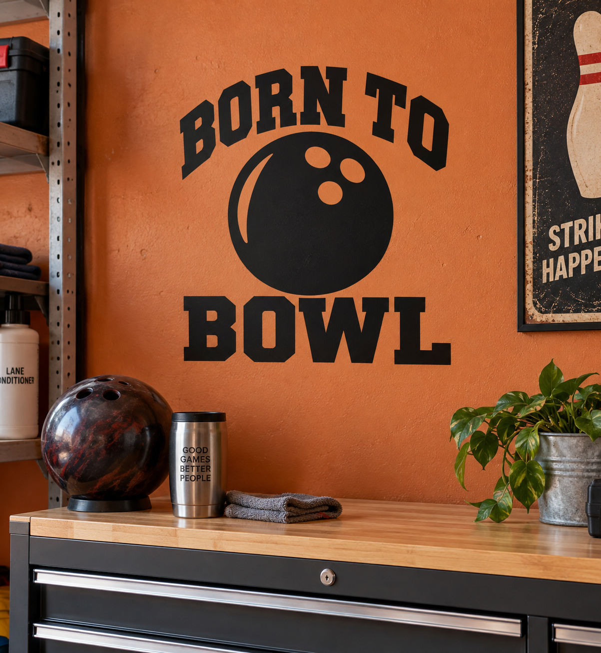 Vinyl decal with black 'Born to Bowl' text and bowling ball icon