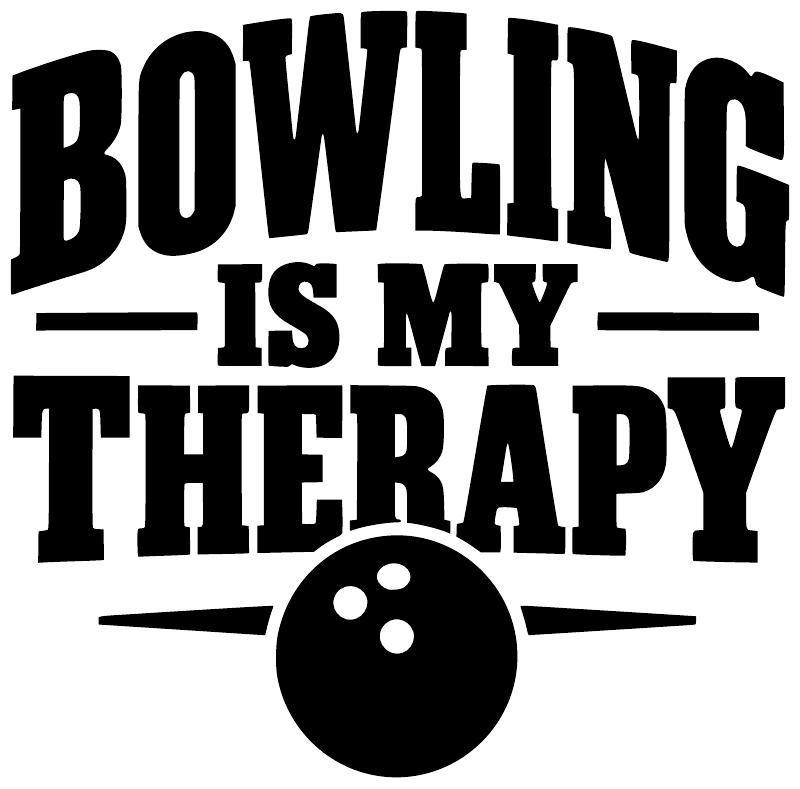 Bowling vinyl decal close-up: 'BOWLING IS MY THERAPY' lettering with bowling pin icon.