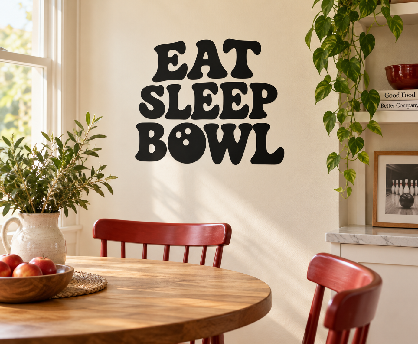 Black "EAT SLEEP BOWL" vinyl wall decal with bold stacked lettering.
