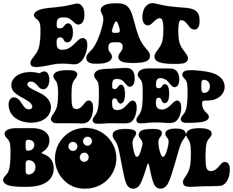 Close-up of black "EAT SLEEP BOWL" vinyl decal letters in rounded vintage font.